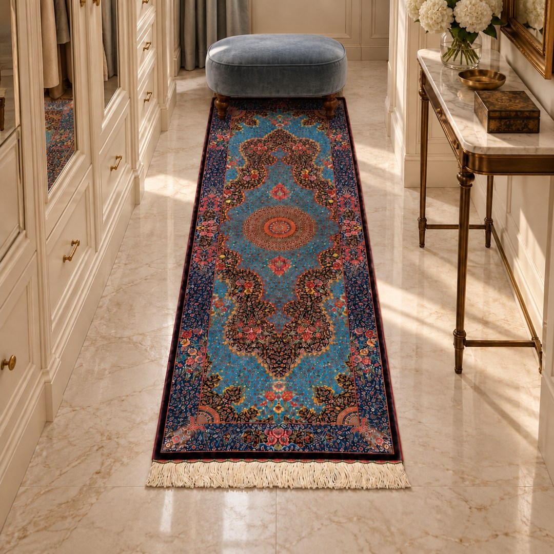 AI-generated interior visualization — MW-HM-0520, 205 x 74 cm rectangular runner. Styling illustration; original product photo shows exact details.