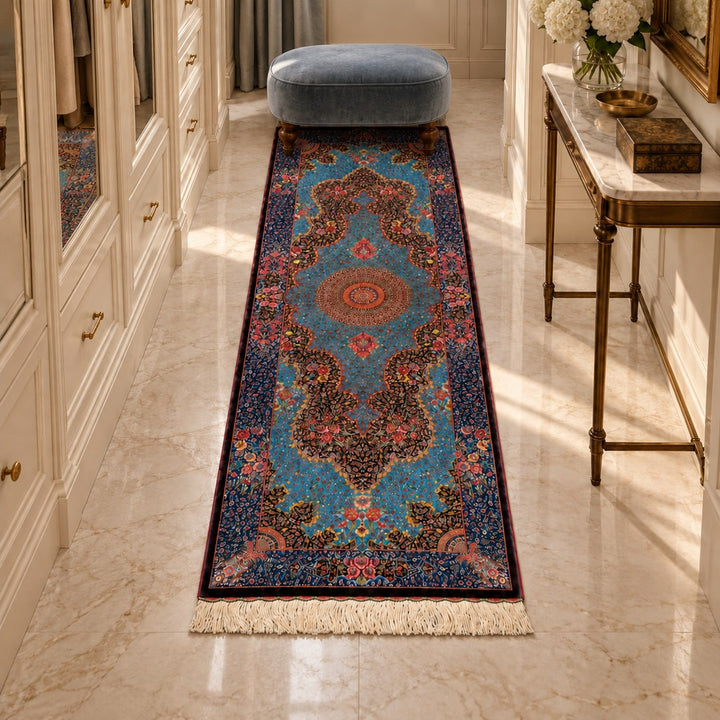 AI-generated interior visualization — MW-HM-0520, 205 x 74 cm rectangular runner. Styling illustration; original product photo shows exact details.