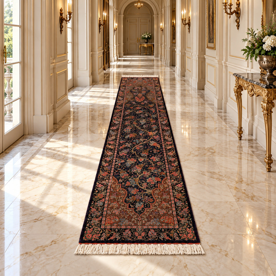 AI-generated interior visualization — MW-HM-0521, 297 x 70 cm, in a luxury classic hallway; illustrative scale, not a customer project.