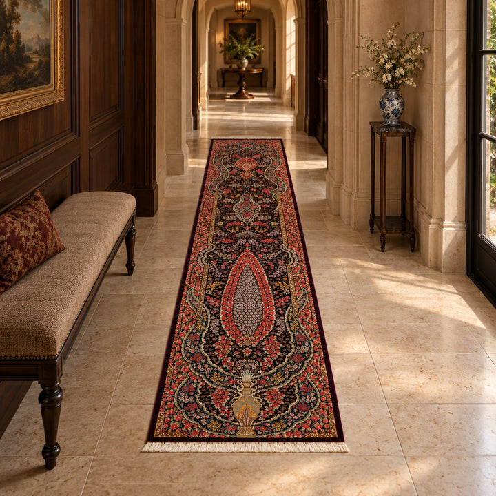 AI-generated interior visualization — MW-HM-0522, 295 x 71 cm rectangular runner. Styling illustration; original product photo shows exact details.