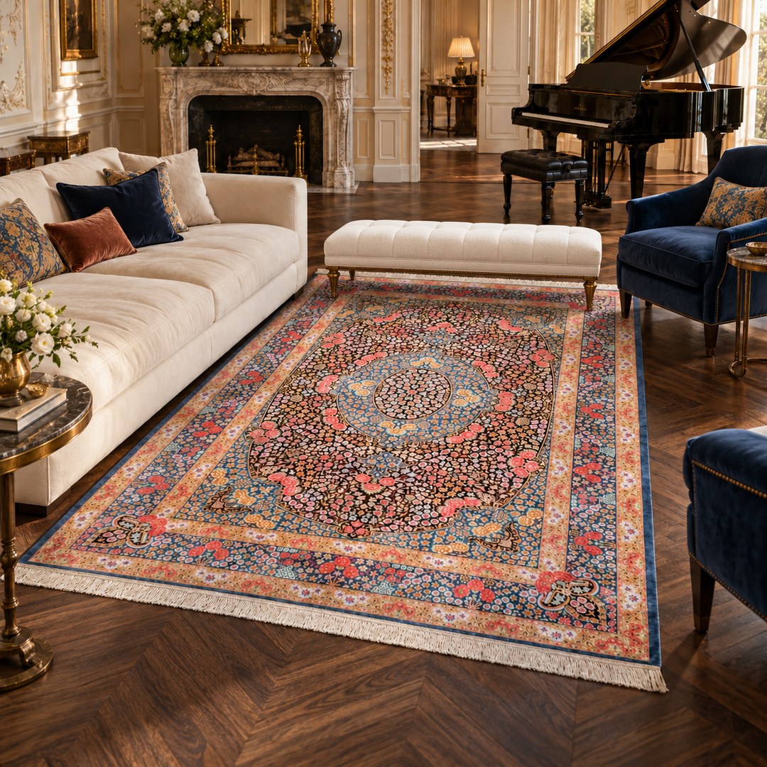 AI-generated interior visualization — MW-HM-0527, rectangular rug 300 x 200 cm. Styling illustration; original product photo shows exact details.