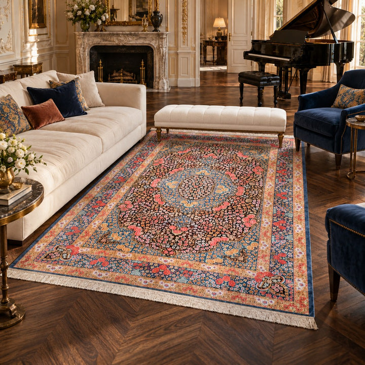 AI-generated interior visualization — MW-HM-0527, rectangular rug 300 x 200 cm. Styling illustration; original product photo shows exact details.