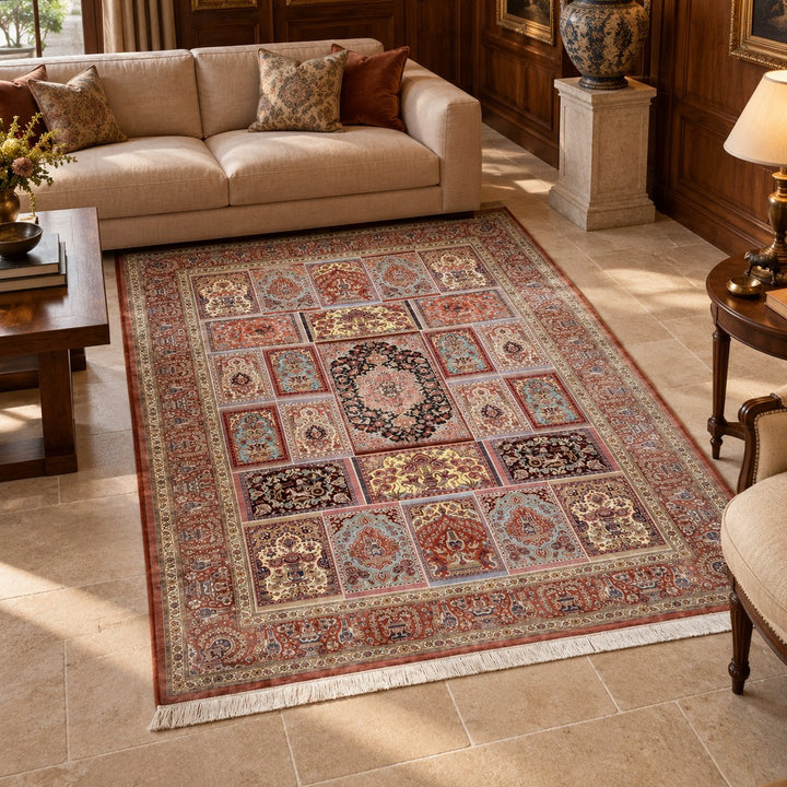 AI-generated interior visualization — MW-HM-0529, rectangular rug 300 x 200 cm. Styling illustration; original product photo shows exact details.