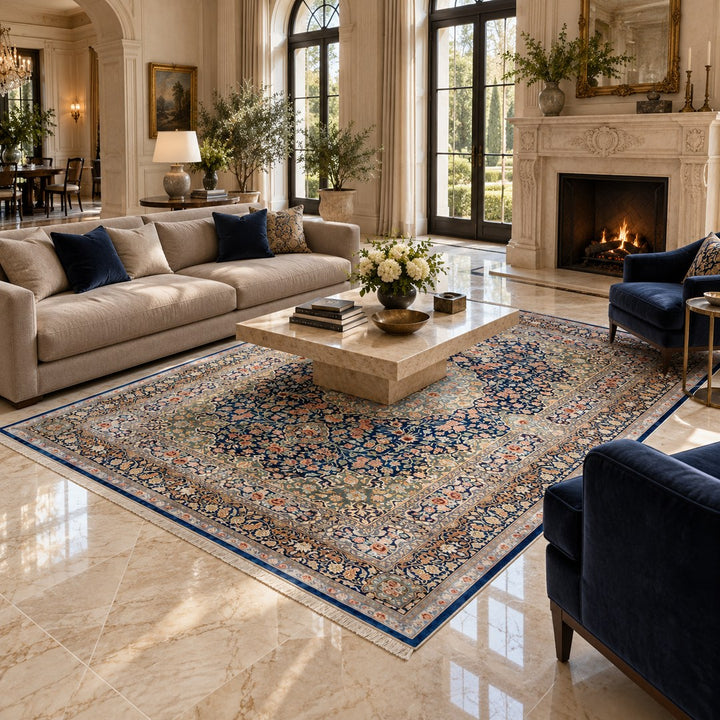 AI-generated interior visualization — MW-HM-0530, rectangular rug 300 x 200 cm. Styling illustration; original product photo shows exact details.