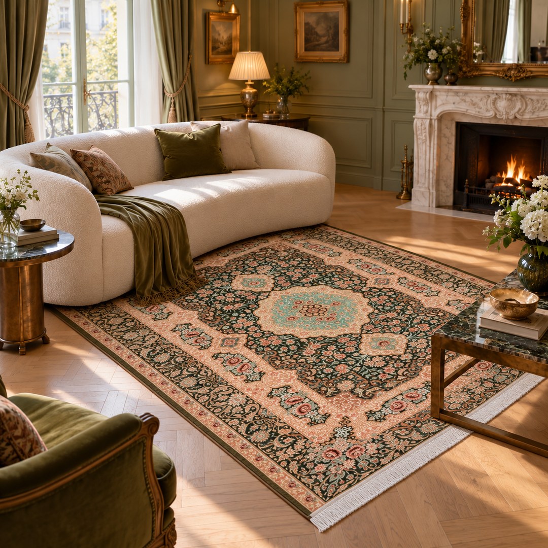 AI-generated interior visualization — MW-HM-0531, rectangular rug 200 x 150 cm. Styling illustration; original product photo shows exact details.