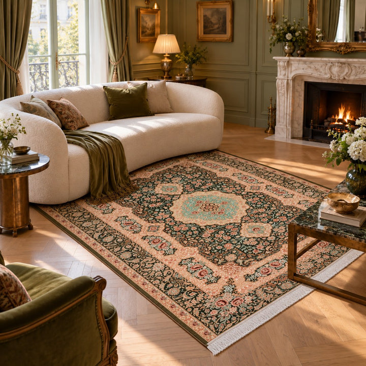 AI-generated interior visualization — MW-HM-0531, rectangular rug 200 x 150 cm. Styling illustration; original product photo shows exact details.