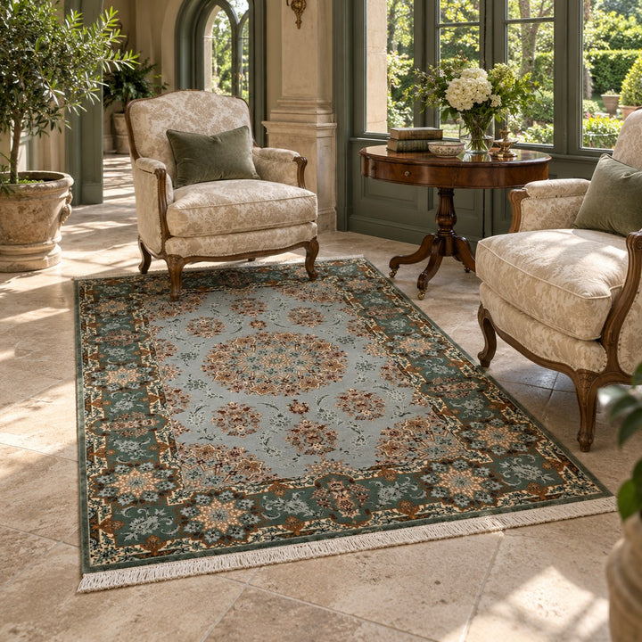 AI-generated interior visualization — MW-HM-0533, rectangular rug 199 x 127 cm. Styling illustration; original product photo shows exact details.