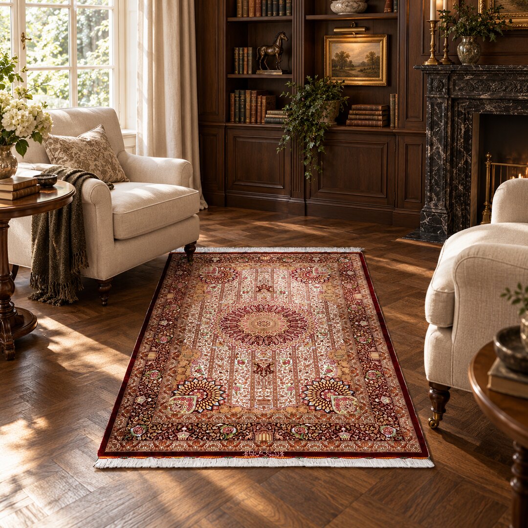 AI-generated interior visualization — MW-HM-0536, 155 x 100 cm rug. Styling illustration; original product photo shows exact details.