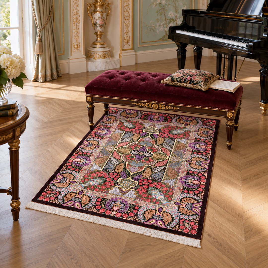 AI-generated interior visualization of MW-HM-0537, rectangular rug 146 × 100 cm. Styling illustration; see the original product photograph for exact details.