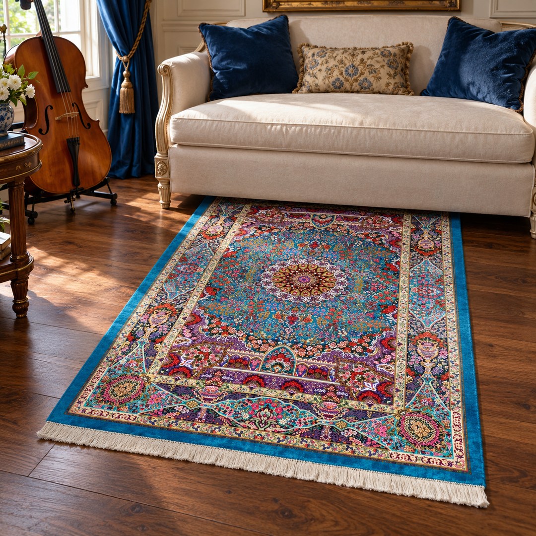 AI-generated interior visualization of MW-HM-0538, rectangular rug 145 × 100 cm. Styling illustration; see original product photograph for exact details.