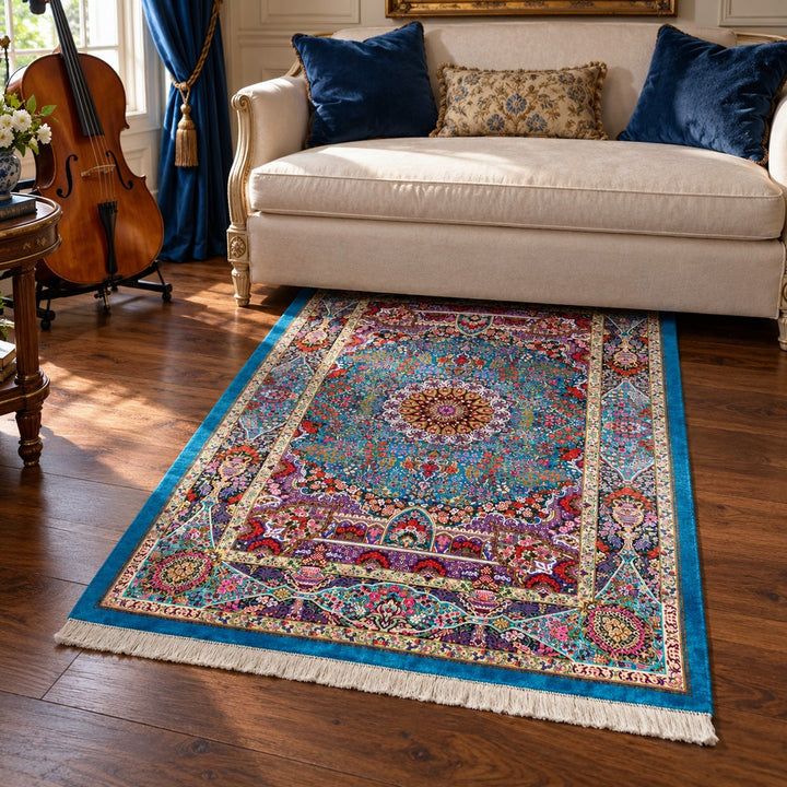 AI-generated interior visualization of MW-HM-0538, rectangular rug 145 × 100 cm. Styling illustration; see original product photograph for exact details.