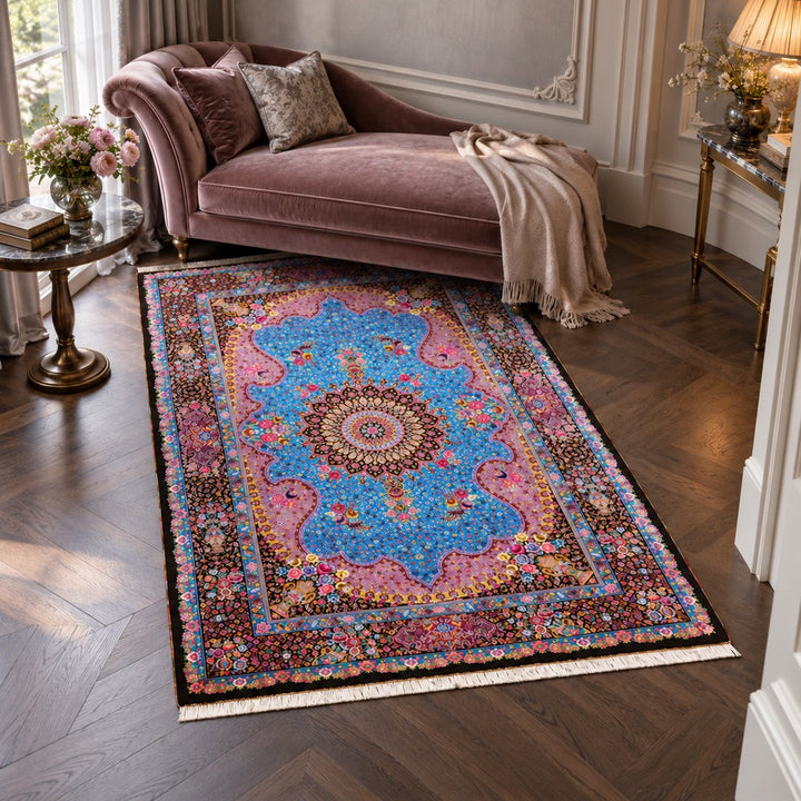 AI-generated interior visualization — MW-HM-0539, rectangular rug 149 x 102 cm. Styling illustration; original product photo shows exact details.
