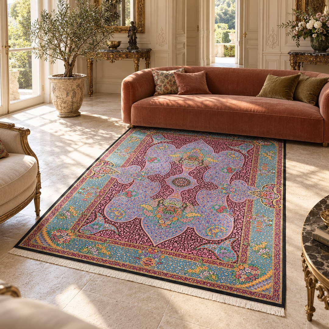 AI-generated interior visualization — MW-HM-0540, rectangular rug 199 x 139 cm. Styling illustration; original product photo shows exact details.
