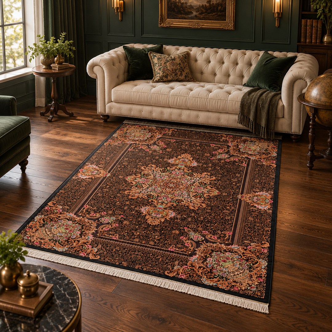 AI-generated interior visualization — MW-HM-0541, rectangular rug 200 x 140 cm. Styling illustration; original product photo shows exact details.
