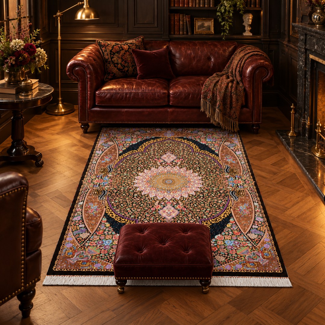 AI-generated interior visualization — MW-HM-0542, rectangular rug 157 x 102 cm. Styling illustration; original product photo shows exact details.