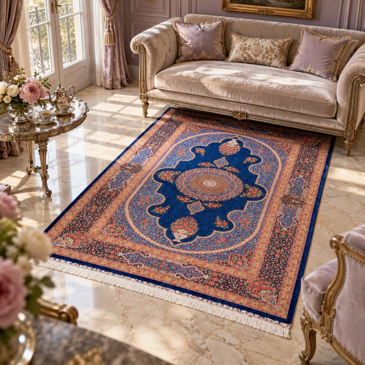 AI-generated interior visualization — MW-HM-0543, rectangular rug 193 x 129 cm. Styling illustration; original product photo shows exact details.