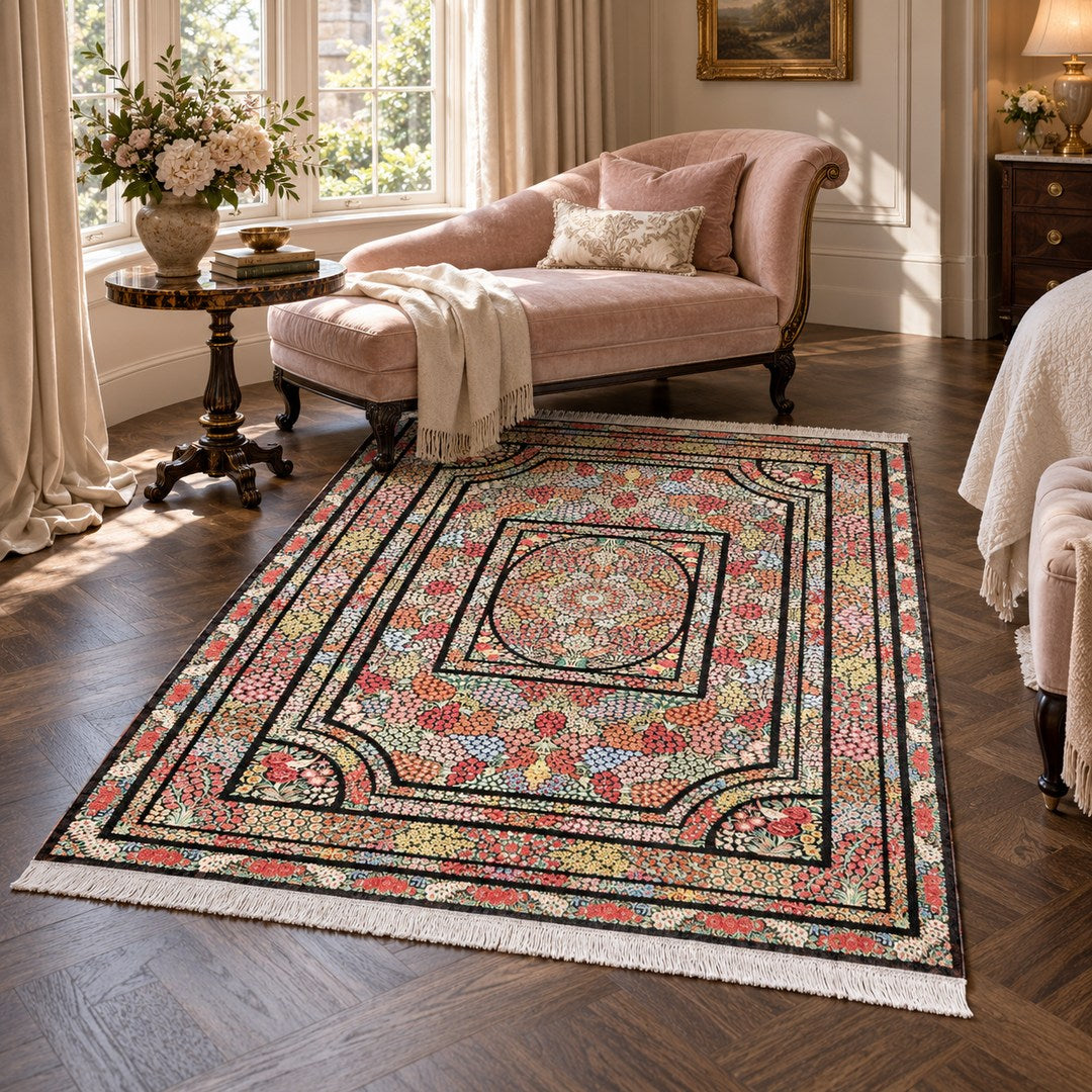 AI-generated interior visualization of MW-HM-0548, rectangular rug 289 x 195 cm. Styling illustration; see the original product photograph for exact details.