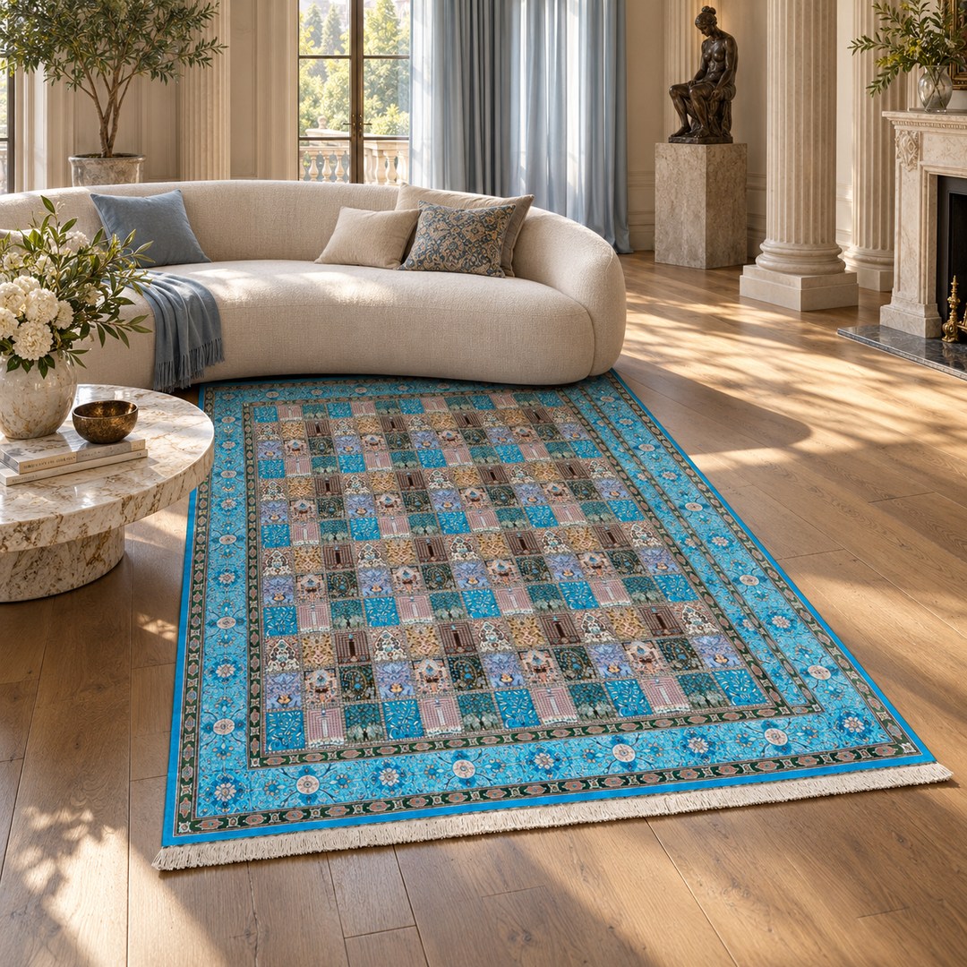AI-generated interior visualization — MW-HM-0549, rectangular rug 293 x 198 cm. Styling illustration; original product photo shows exact details.