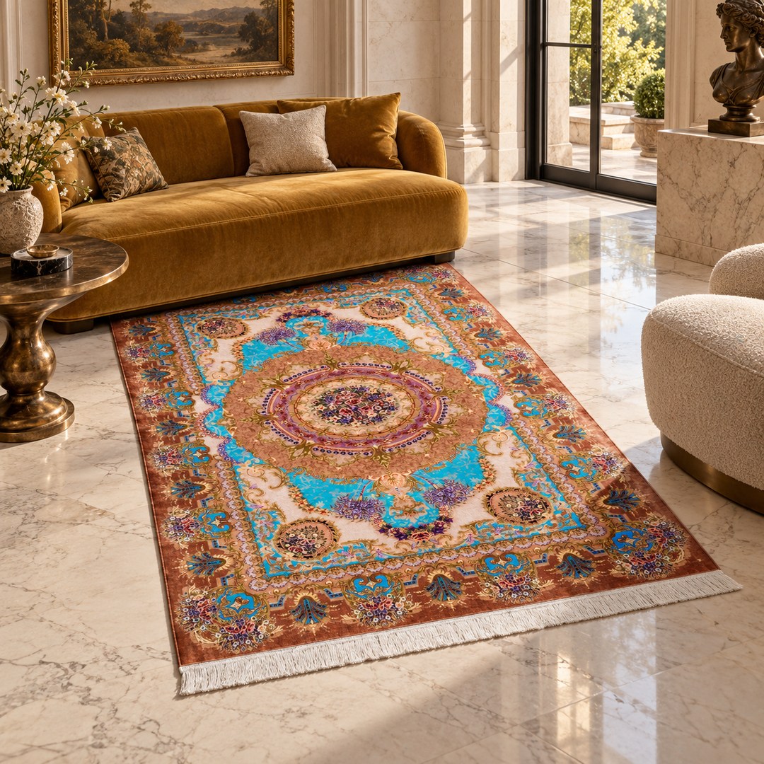 AI-generated interior visualization — MW-HM-0550, rectangular rug 193 x 135 cm. Styling illustration; original product photo shows exact details.