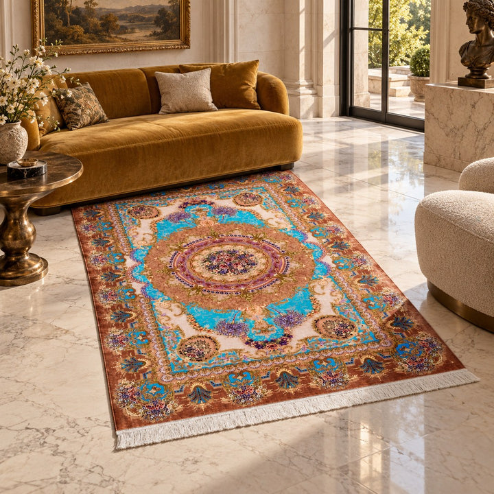 AI-generated interior visualization — MW-HM-0550, rectangular rug 193 x 135 cm. Styling illustration; original product photo shows exact details.