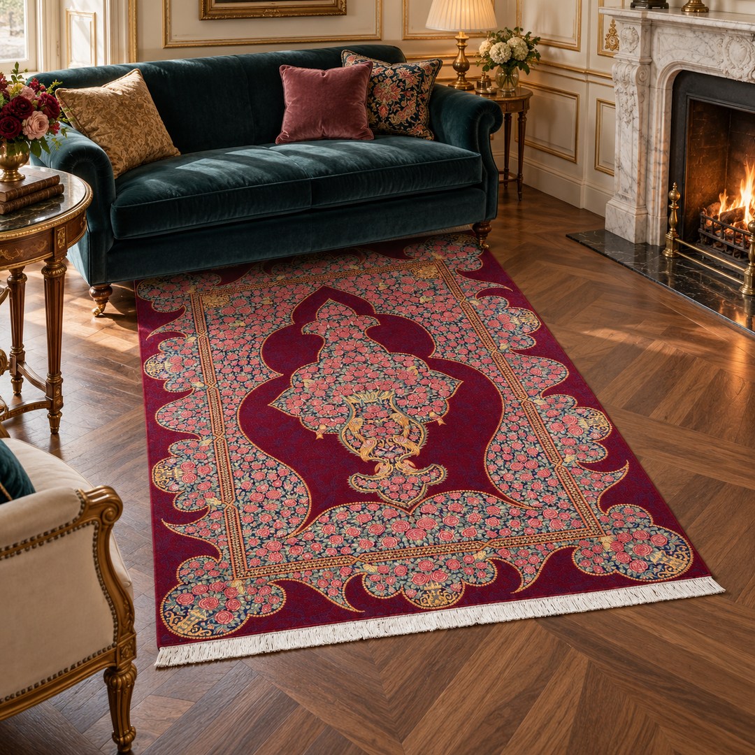 AI-generated interior visualization — MW-HM-0551, rectangular rug 190 x 131 cm. Styling illustration; original product photo shows exact details.
