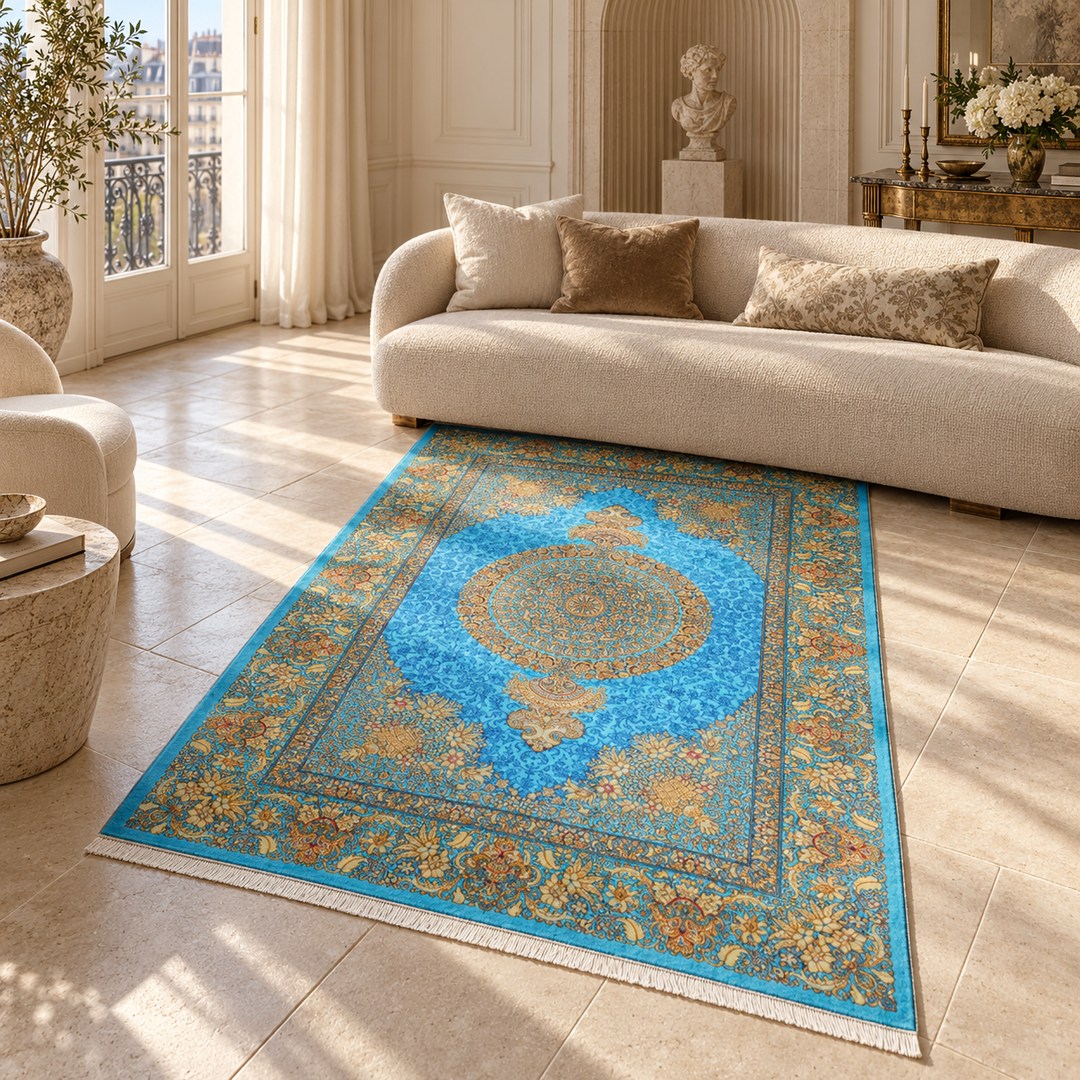 AI-generated interior visualization — MW-HM-0552, rectangular rug 197 x 140 cm. Styling illustration; original product photo shows exact details.