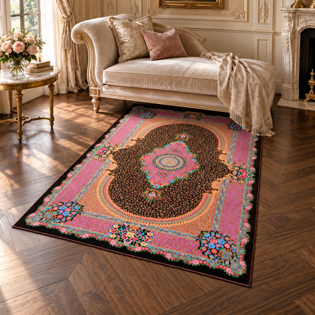 AI-generated interior visualization — MW-HM-0553, rectangular rug 155 x 102 cm. Styling illustration; original product photo shows exact details.