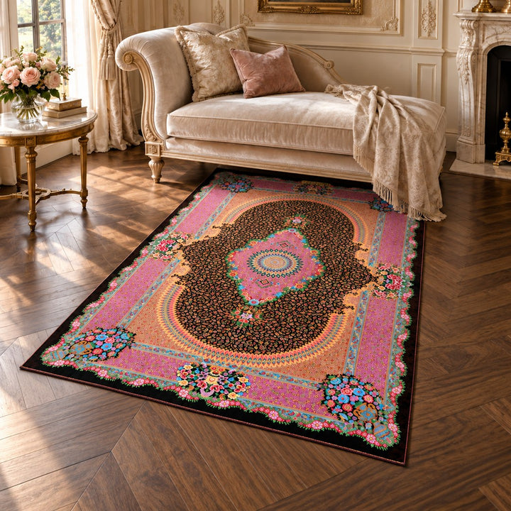 AI-generated interior visualization — MW-HM-0553, rectangular rug 155 x 102 cm. Styling illustration; original product photo shows exact details.