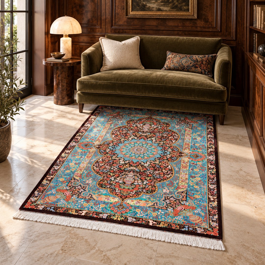 AI-generated interior visualization — MW-HM-0556, rectangular rug 150 x 100 cm. Styling illustration; original product photo shows exact details.
