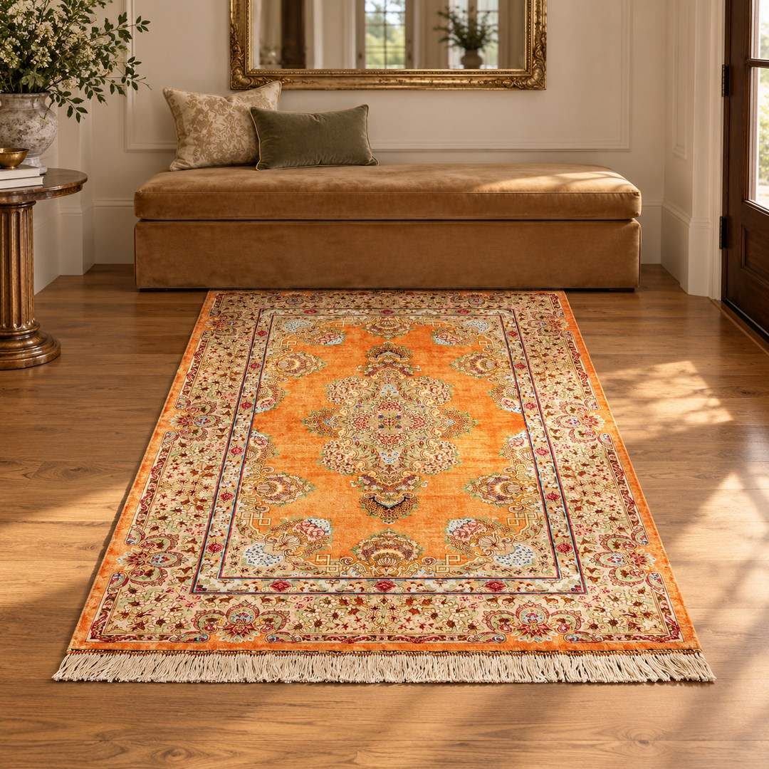 AI-generated interior visualization of MW-HM-0559, rectangle rug 149 × 98 cm. Styling illustration; see original product photograph for exact details.