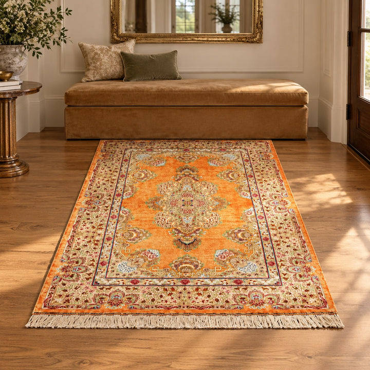 AI-generated interior visualization of MW-HM-0559, rectangle rug 149 × 98 cm. Styling illustration; see original product photograph for exact details.