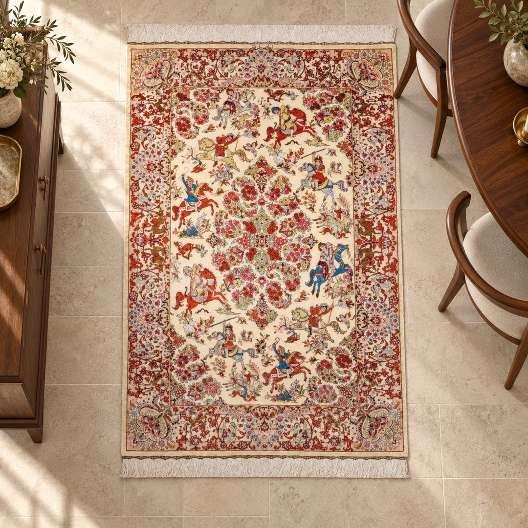AI-generated interior visualization — MW-HM-0560; woven rug 146 x 99 cm, excluding any frame. Illustrative scale, not a customer project.