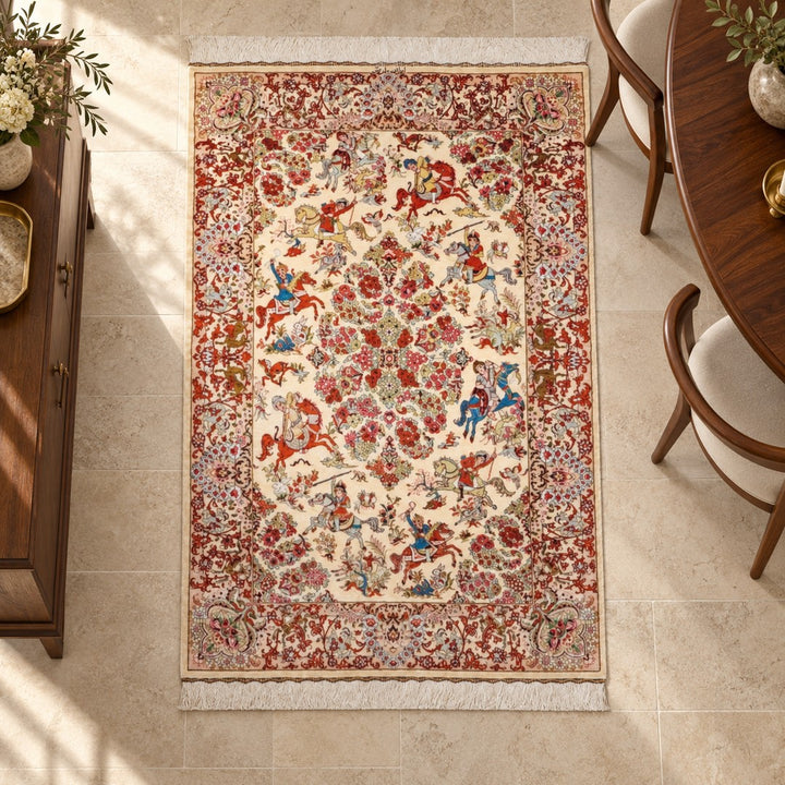 AI-generated interior visualization — MW-HM-0560; woven rug 146 x 99 cm, excluding any frame. Illustrative scale, not a customer project.