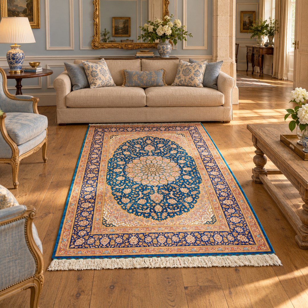 AI-generated interior visualization — MW-HM-0561, 197 x 130 cm rectangular rug. Styling illustration; original product photo shows exact details.