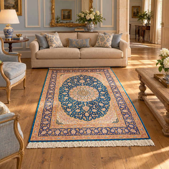 AI-generated interior visualization — MW-HM-0561, 197 x 130 cm rectangular rug. Styling illustration; original product photo shows exact details.