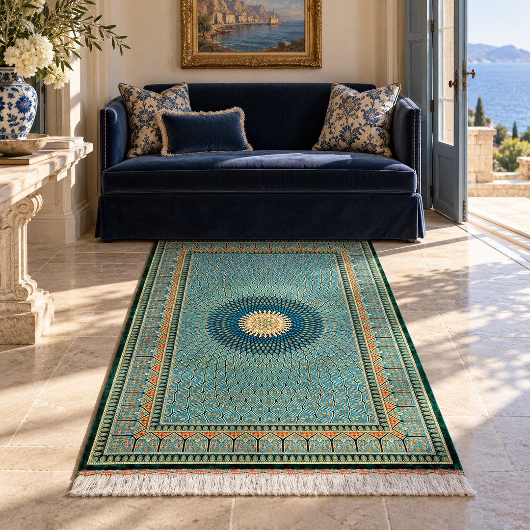 AI-generated interior visualization of MW-HM-0564, rectangle rug 159 × 98 cm. Styling illustration; see original product photograph for exact details.