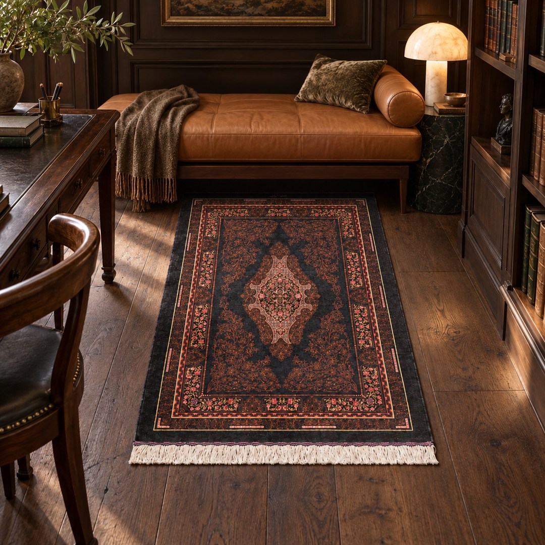 AI-generated interior visualization — MW-HM-0566, 146 x 98 cm rectangular rug. Styling illustration; original product photo shows exact details.