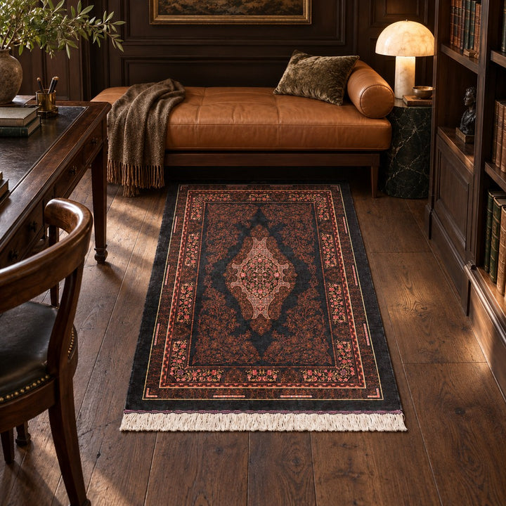 AI-generated interior visualization — MW-HM-0566, 146 x 98 cm rectangular rug. Styling illustration; original product photo shows exact details.