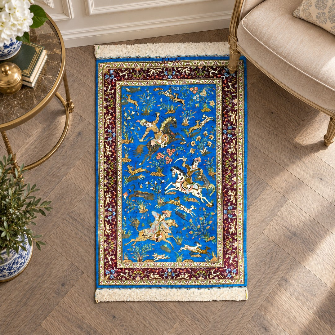 AI-generated interior visualization — MW-HM-0569, 113 × 74 cm rug; illustrative scale, not a customer project.