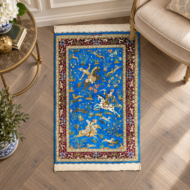 AI-generated interior visualization — MW-HM-0569, 113 × 74 cm rug; illustrative scale, not a customer project.