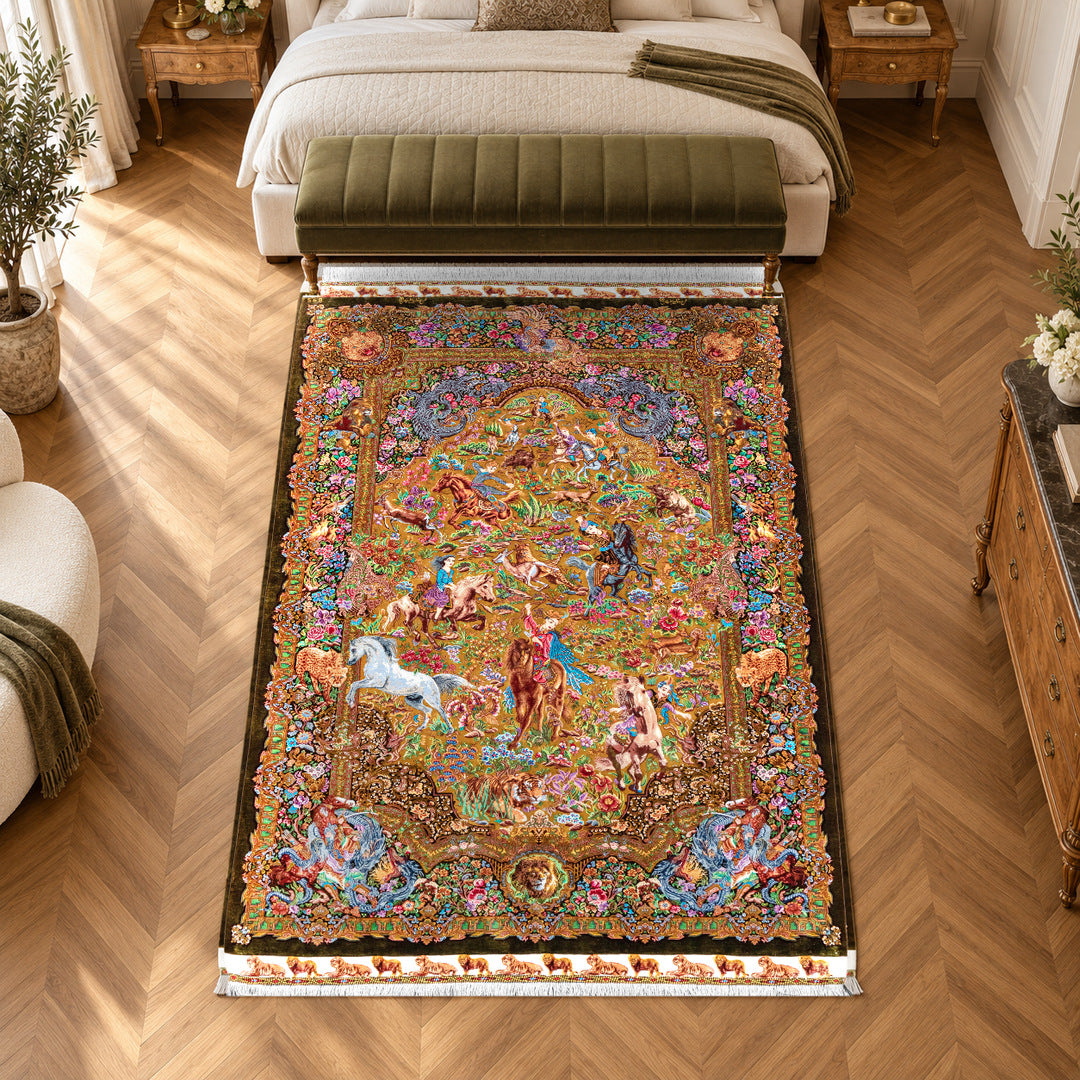 AI-generated interior visualization with original rug photograph — MW-HM-0571, woven rug 205 x 137 cm, excluding any frame. Illustrative scale, not a customer project.