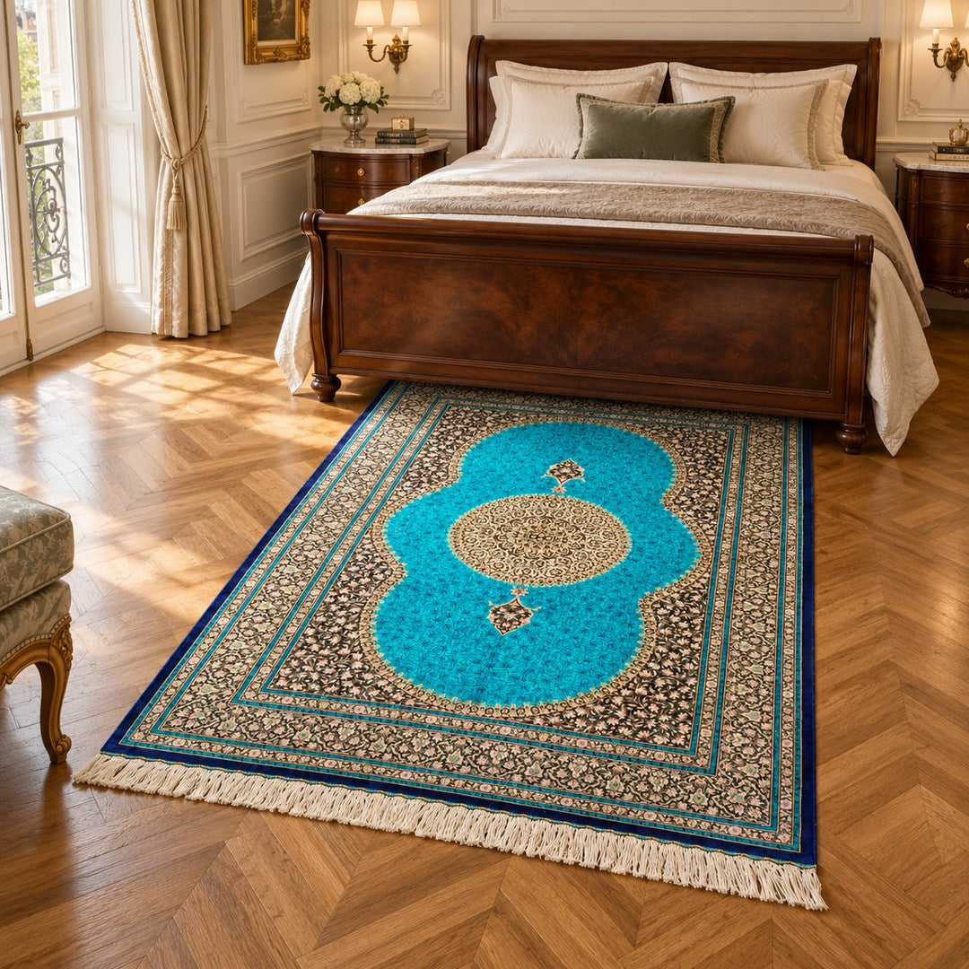 AI-generated interior visualization of MW-HM-0577, rectangular rug 203 × 135 cm. Styling illustration; see the original product photograph for exact details.