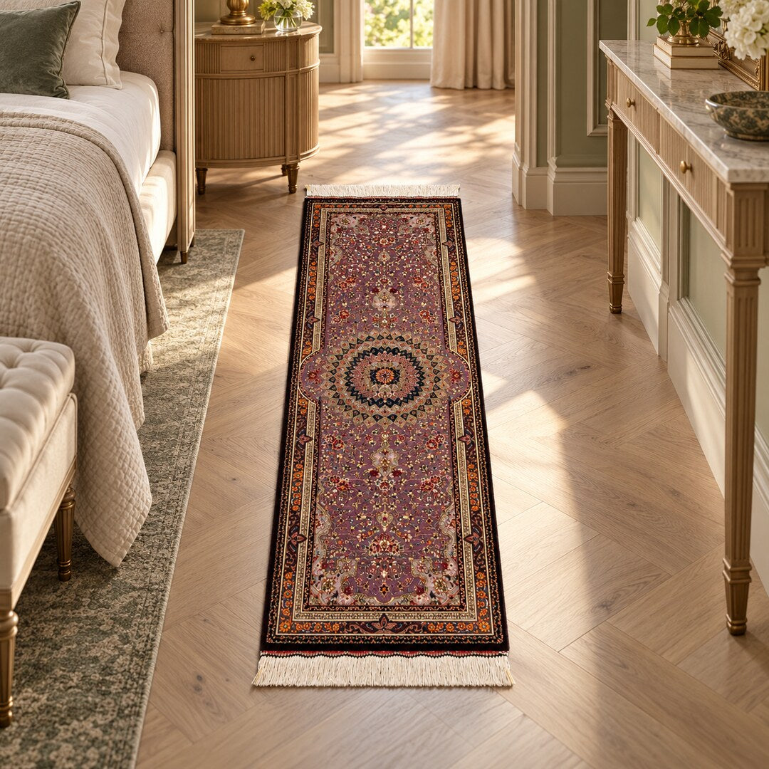 AI-generated interior visualization — MW-HM-0578, 123 x 37 cm, handmade silk runner; illustrative styling, not a customer project or measurement.