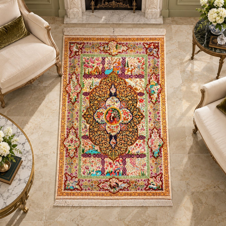 AI-generated interior visualization — MW-HM-0582; woven rug 207 x 132 cm, excluding any frame. Illustrative scale, not a customer project.