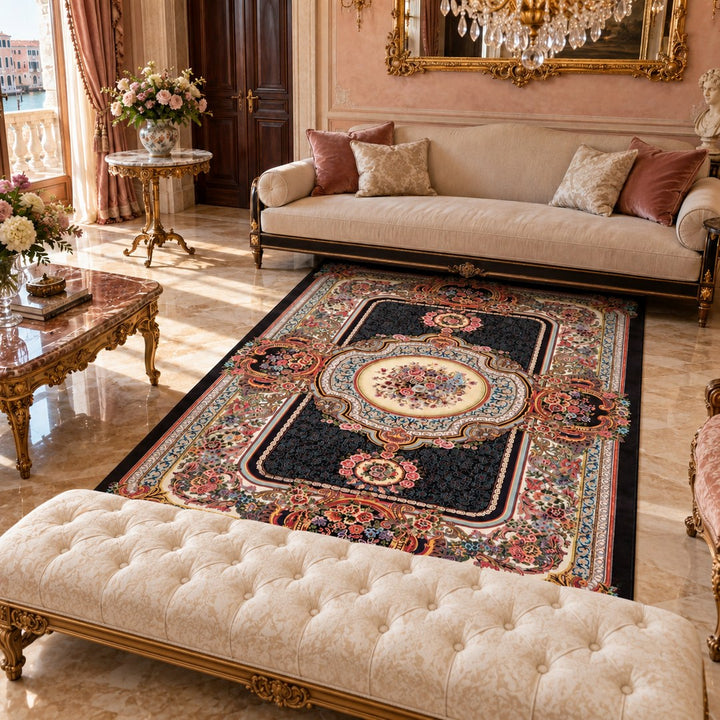 AI-generated interior visualization of MW-HM-0583, rectangular rug 210 × 139 cm. Styling illustration; see the original product photograph for exact details.