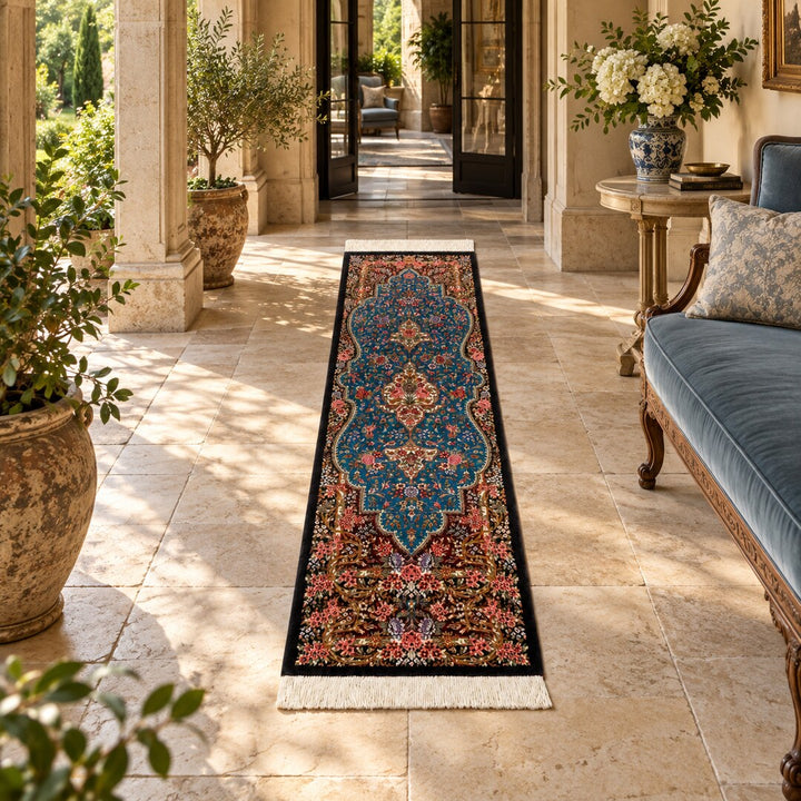 AI-generated interior visualization — MW-HM-0586, 117 x 39 cm, handmade silk runner; illustrative styling, not a customer project or measurement.
