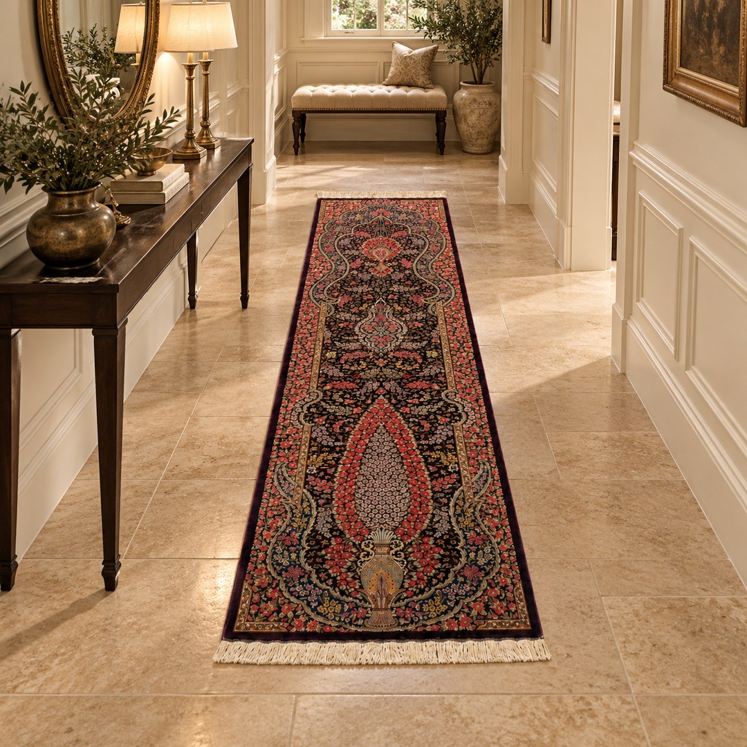 AI-generated interior visualization — MW-HM-0589, 297 x 72 cm rectangular runner. Styling illustration; original product photo shows exact details.