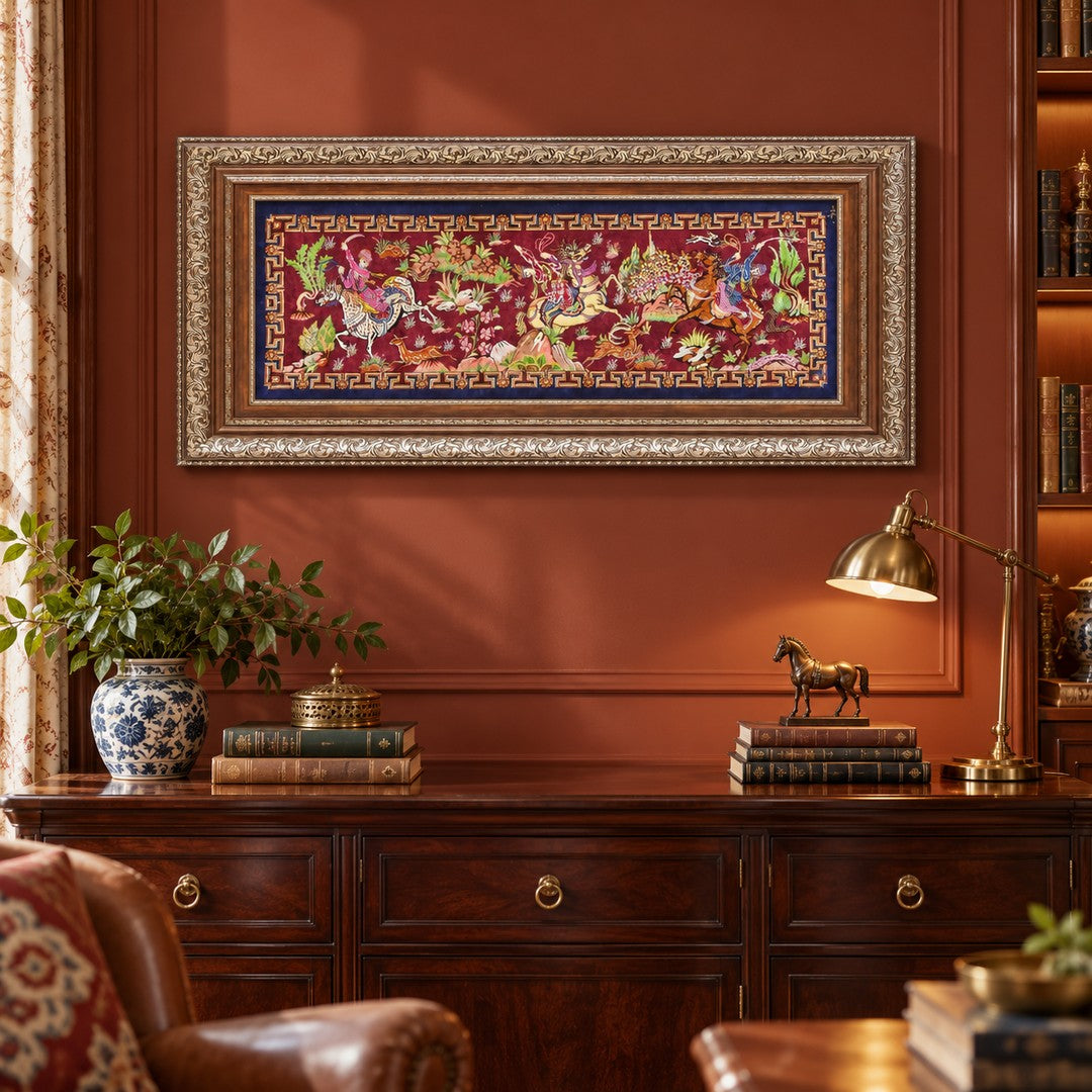 AI-generated interior visualization — MW-HM-0599; woven rug 91 x 39 cm, excluding frame. Illustrative scale, not an actual customer project.