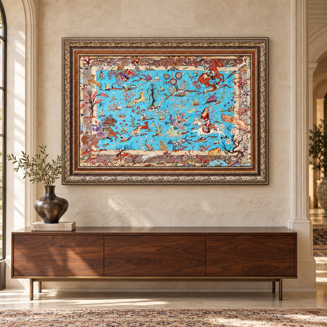 AI-generated interior visualization — MW-HM-0606; woven rug 118 x 79 cm, excluding frame. Illustrative scale, not an actual customer project.