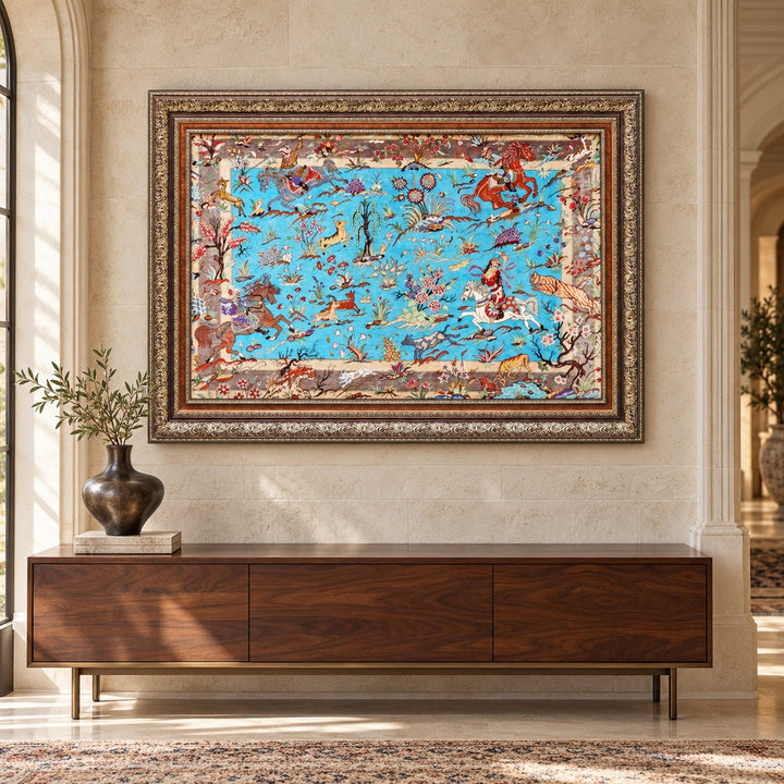 AI-generated interior visualization — MW-HM-0606; woven rug 118 x 79 cm, excluding frame. Illustrative scale, not an actual customer project.
